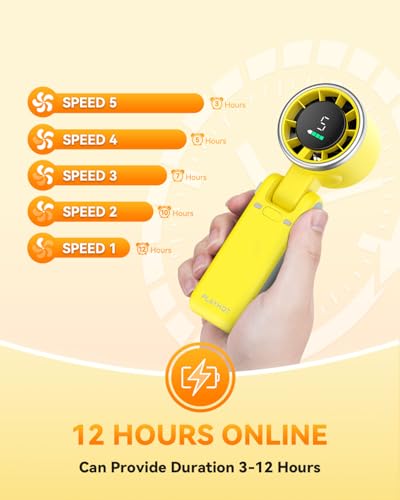 PlayHot Portable Handheld Turbo Fan, Travel Essentials, Gifts for Women/Men | 5-Speed, Up to 12H, 10m/s Airflow, USB-C Rechargeable, LED Display, 3-in-1 Foldable Personal Fan for Cruise, Beach, Vacation - color: Yellow