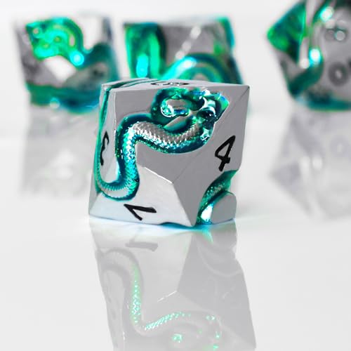 RULE DICE Metal DND Dice Set for Dungeons and Dragons - Polyhedral D&D Dice Set with Green Serpent Design - Balanced D&D Dice for RPGs, TTRPGs - Heavy Duty Zinc Alloy Construction 7 Dice Set - color: Ld-silver Black