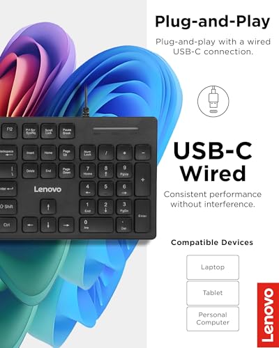 Lenovo 305 Wired USB-C Keyboard with Numeric Keypad, Full Size Keyboard, Slim Design, Black, USB-C Connectivity, Dedicated Function & AI Keys, for Gaming PC, Laptop, Desktop, Tablet, Home Office - style: 305 USB C - Keyboard