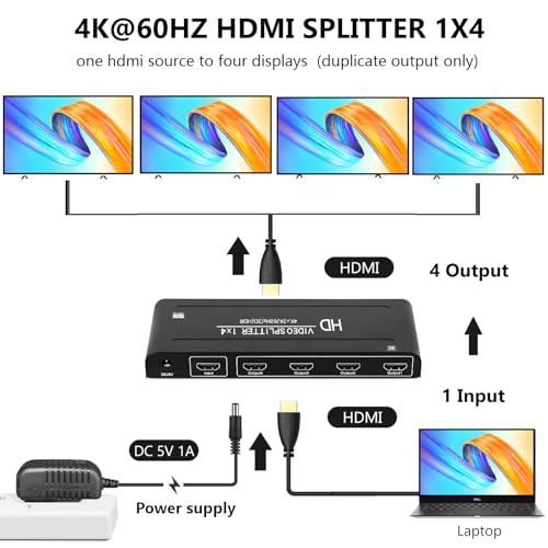 4K@60Hz 1x4 HDMI Splitter 1 in 4 Out 4:4:4,18 Gbps,4 Port Powered HDMI 2.0 Splitter Support Auto Down Scaler, 4K 1080P Sync, HDR10,3D, Only Duplication/Mirror Screens (Not Extend) for PS5/Xbox/HDTV - size: 1x4 splitter 4K@60Hz