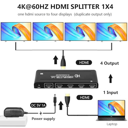 4K@60Hz 1x4 HDMI Splitter 1 in 4 Out 4:4:4,18 Gbps,4 Port Powered HDMI 2.0 Splitter Support Auto Down Scaler, 4K 1080P Sync, HDR10,3D, Only Duplication/Mirror Screens (Not Extend) for PS5/Xbox/HDTV - size: 1x4 splitter 4K@60Hz