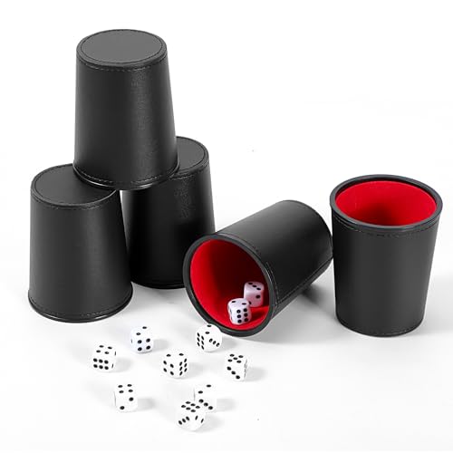 5X Dice Cup Set, PU Leather Dice Shaker Cups with 30 Dices for Bar Party Yahtzee Farkle Dice Games, Coffee (5, Black Red) | PU leather dice set with 5 felt-lined cups, 25 dice and storage case for Liar’s Dice, craps, backgammon and party games - color: Bl