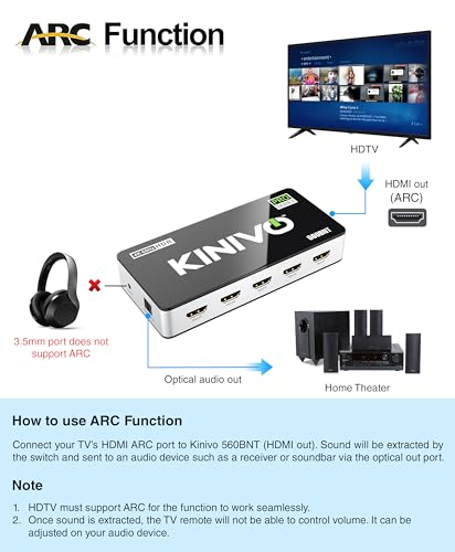 Kinivo HDMI Switch with Audio Extractor 560BNT (5 in 1 Out Hub, Toslink Optical Audio Port, SPDIF, 4K 60Hz Switcher, 18Gbps, IR Remote) - Compatible with Gaming Console, Cable TV, PC, Dolby Digital - size: 4K - 5 Port with Toslink