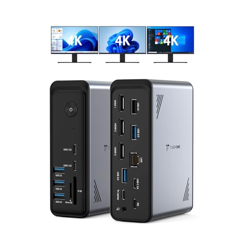TobenONE 18 in 1 Laptop Docking Station 3 Monitors,Triple 4K HDMI,9 USB C/A | Docking Station with 3HDMI,Ethernet,PD 3.0,Fits Triple Monitor Office Work,for Windows/Dell/Lenovo Laptops (No Power Adapter)