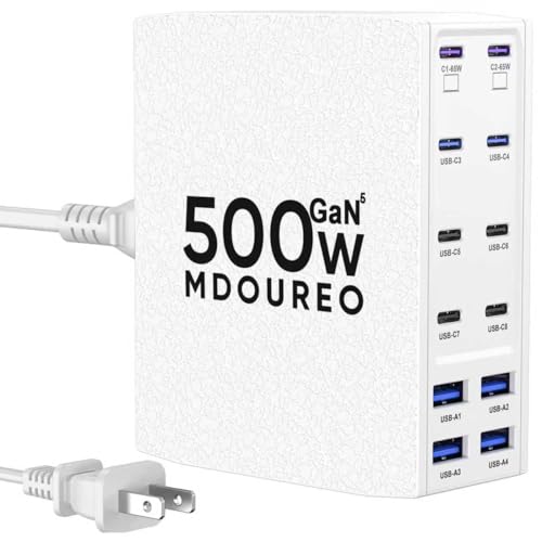 500W USB C Charger Block, 12-Port USB C Charging Station for Multiple Devices, Leather Texture Dual PD 65W Laptop Fast Charger Compatible with MacBook Pro/Air, iPad, iPhone,Galaxy and More, White - color: White