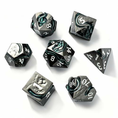 Serpent Metal D&D Dice Set, 7 Piece Zinc Alloy Polyhedral Dice for Dungeons and Dragons, Balanced Tabletop RPG Dice with Easy Read Numbers & Storage Box - color: Black White