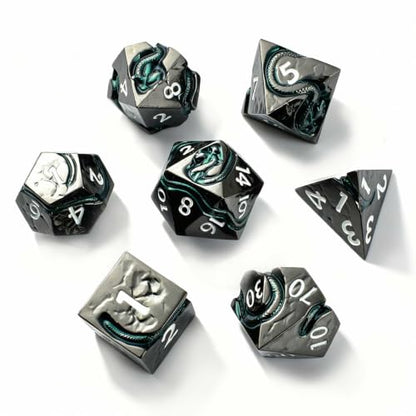 Serpent Metal D&D Dice Set, 7 Piece Zinc Alloy Polyhedral Dice for Dungeons and Dragons, Balanced Tabletop RPG Dice with Easy Read Numbers & Storage Box - color: Black White