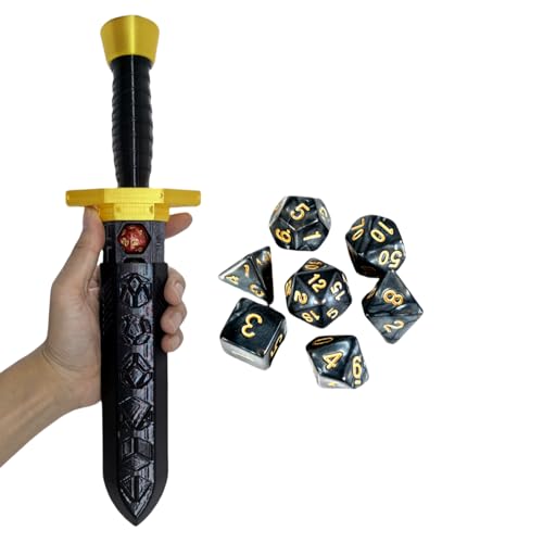 Sword Dagger Dice Holder Box Dice Tower Dungeons and Dragons RPG Tabletop Roleplaying Game Jail DND (Random 7PCS D20 Dice Set Included) Black&Black&Gold - color: Black+gold