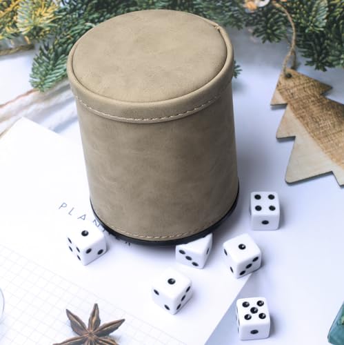 Brown Suede Faux Leather Dice Cup Set, Felt Lined PU Leather Dice Shaker with 6 Dice for Liars Farkle Yahtzee Game - color: Suede Brown