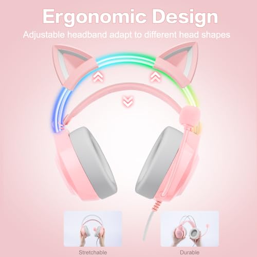 Gaming Headset with Microphone, Cat Ear Headphones for PC Laptop PS4 PS5 Xbox Switch, Pink, Rainbow RGB Lighting & Virtual Surround Sound, 3.5mm Wired Over Ear Headphones, Ergonomic - color: Pink Cat Ear