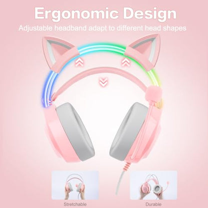 Gaming Headset with Microphone, Cat Ear Headphones for PC Laptop PS4 PS5 Xbox Switch, Pink, Rainbow RGB Lighting & Virtual Surround Sound, 3.5mm Wired Over Ear Headphones, Ergonomic - color: Pink Cat Ear