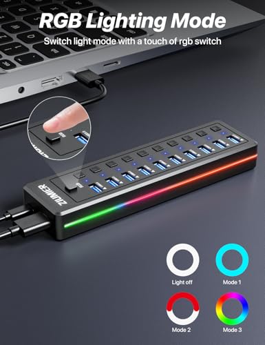 Powered USB Hub, 10-Port USB Splitter with RGB LED Strip | 5Gbps Data Transfer,Individual LED On/Off Switches and 12V/2A Power Adapter for Laptop, PC, Mouse, Keyboard, Hard Drive - style: 10 PORT