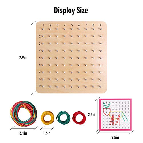 Wooden Geoboards - Montessori STEM Toy with Pattern Cards for Kids Ages 3+ | Pattern Cards & Rubber Bands, Geometric Shape Learning, Classroom STEM Tool, Brain Teaser Gift - size: 7.9*7.9 in