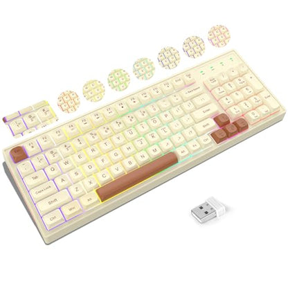 KOLMAX BK98 Wireless Gaming Keyboard, Dual Mode 2.4G/Bluetooth Gaming Keyboard,RGB Backlit Ergonomic 98 Keys PBT Mechanical Feeling Wireless Keyboard for Office Windows Mac PC Gamer(Retro Brown) - color: Retro Brown