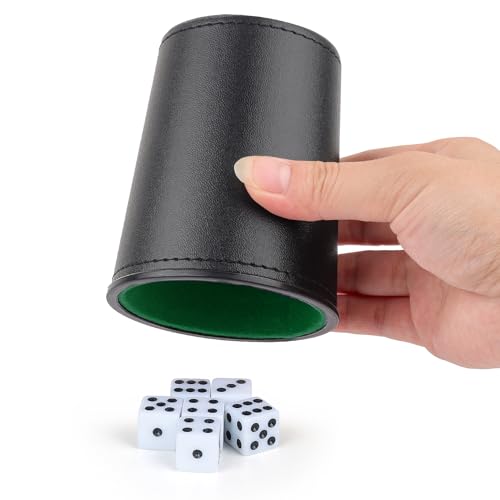 Felt-Lined PU Leather Dice Cup Set, 6 Quiet Dice Shaker Cups with 36 Dices for Bar Party Yahtzee Farkle Dice Games, Black and Green - color: Green