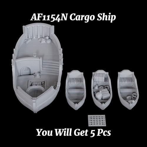 AUSPDICE Fantasy Merchant Vessel & 3개의 로우보트, 25mm DND 선박 지형 | 던전과 드래곤을 위한 도색되지 않은 해양 풍경, 테이블 탑 RPG 전쟁 게임, 항구 만남 및 해군 모험-AF1154N - color: Af1154n-cargo Ship