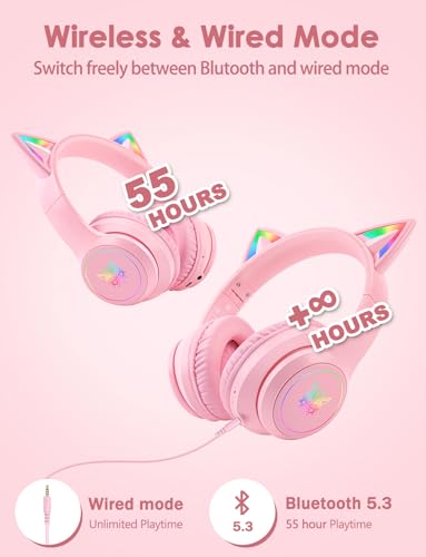 Cat Ear Bluetooth Headphones with Micphone for Kids & Adults, LED Light Up Wireless HI-FI Sound Quality, Over-Ear Headphones with Volume Control for iPhone/iPad/Laptop/PC(55H Play Time) - style: Adults-105dB-Pink