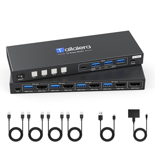 HDMI KVM Switch 4 Computers 4K@60Hz with 4 USB 3.0 Ports KVM Switches Share One Monitor Keyboard Mouse Hard Drives Printer with 4 USB Cables and Desktop Controller - color: Black, size: 20 cm