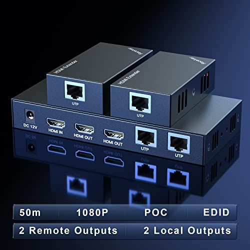 HDMI Extender Splitter 1x2 1080P@60Hz Over Cat 5E/6/7 Ethernet Cable 165ft | Support EDID Copy POC Function (1 in 2 out), for Church, Classroom, Business Activity, Multi Video Displays - size: 1x2 1080P 165ft