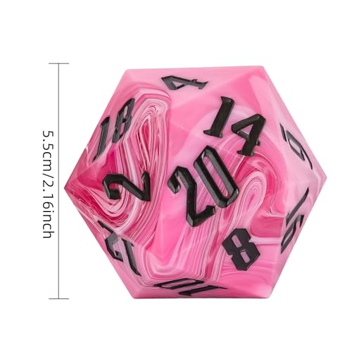 Giant D20 D&D Polyhedral Dice - 55mm, 20 Sided, Pink with White/Silver Black Number for RPG Table Games - color: Pink With White/Silver Black Number