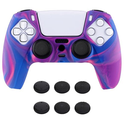 PlayVital Tri-Color Pink & Purple & Blue Camouflage Anti-Slip Silicone Cover Skin for ps5 Controller, Soft Rubber Case for PS5 Wireless Controller with Black Thumb Grip Caps - color: Pink Purple Blue