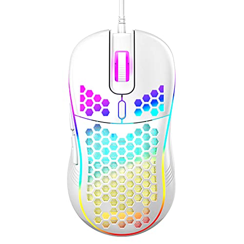 Techsea Honeycomb Wired Gaming Mouse with RGB On/Off Switch, 7200 Adjustable DPI, Ergonomic Lightweight Design & High Precision Sensor for PC/Mac Gamers (White) - color: Ceramic White