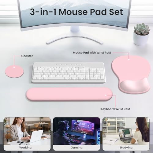 AKIT Ergonomic Mouse Pad and Keyboard Wrist Rest, 3-in-1 Memory Foam Wrist Rest for Computer Keyboard, Non-Slip Base, Pain Relief, Gel Mousepad Set for Gaming, Home and Office, Pink - color: Serenity Pink