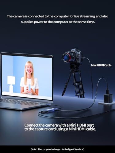 USB 3.0 Video Capture Card with 12IN Mini HDMI Cable PD 100W and USB3.0 Port, Streaming Game Recording 4K, 60FPS, HDMI to USB-A/USB-C Capture Card for Quest 3, Switch, PS5/4, Camera, Tablet PC