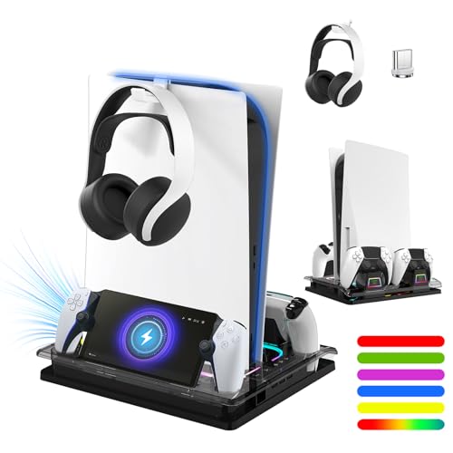 Cooling Station And Console Stand for Ps5/Ps5 Slim/Ps5 Pro,Dual Controller Charging Dock with Rgb for Playstation 5,with PS Portal Charger,Headset & Holder Charging Ports - color: Black
