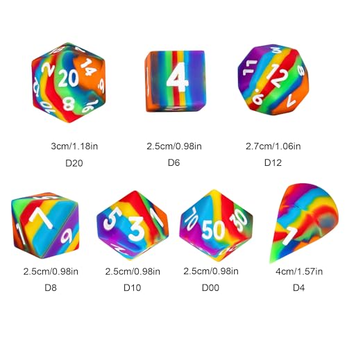 7-Piece Jumbo Silicone DND Dice Set, 25mm Oversized D&D Dice | Round Edges Soft Perfect Bouncer Compatible with Dungeons and Dragons RPG Bar Pub Club Party Games - color: Rainbow W/White Numbers