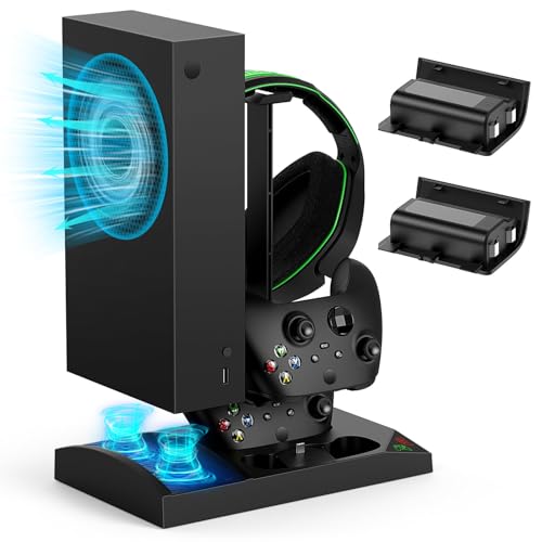 Charger Stand with Cooling Fan for Xbox Series S Console and Controller,Vertical Dual Charging Dock Accessories with 2 x 1400mAh Rechargeable Battery and Cover, Earphone Bracket for XSS(Black) - color: Black