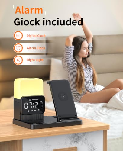 6-in-1 Wireless Charging Station,Charger Stand for Apple Devices for Gifts | for iPhone 17-12 Pro Max Watch Airpods,Wireless Charger iPhone Charging Station with Night Light/Alarm Clock Gifts