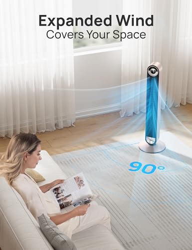 DREO Smart Tower Fan for Bedroom, 90° Oscillating Standing Fan | 28ft/s Velocity, 20dB Quiet for Sleep, DC Motor, 9 Speeds, 4 Modes, 12H Timer, Voice & APP & Remote Control, Starlight - color: Starlight