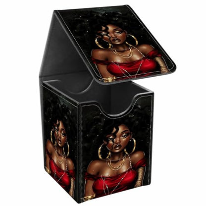 Card Deck Box, Card Storage Box Fits 100+ Single Sleeved Cards, Large Capacity PU Leather Card Storage Box with Strong Magnet for Magic Commander TCG CCG, Beautiful Black Woman - color: Beautiful Black Woman