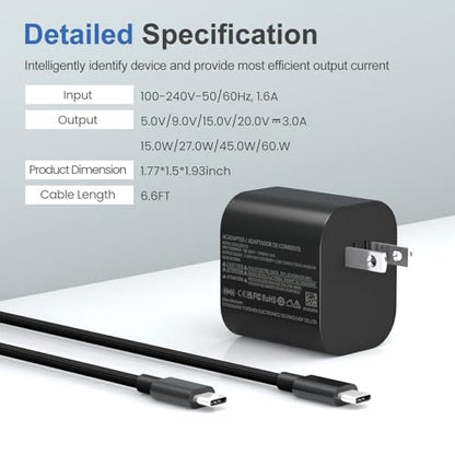 Switch 2 Charger - 60w Charger for Nintendo Switch 2/1，20V 3A PD3.0 Fast Charging Power Supply with 6.6FT USB C Cord Compatible with Switch/OLED/Lite/Steam Deck - Support 4K TV Mode