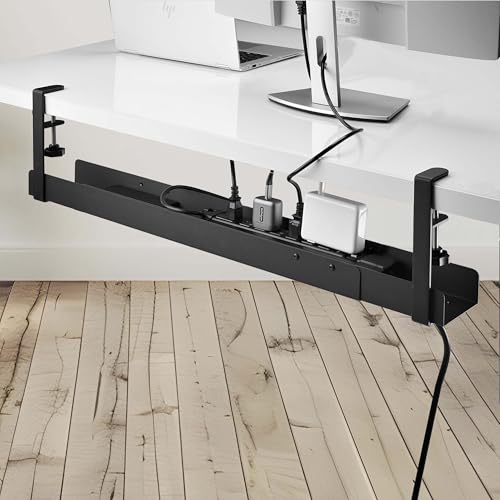 StarTech Under Desk Cable Management Tray, Black (CALB-Desk-Cable-Tray) | Clamp-On Installation, No Drilling Required, Length Adjustable - color: Black, style: Adjustable Width