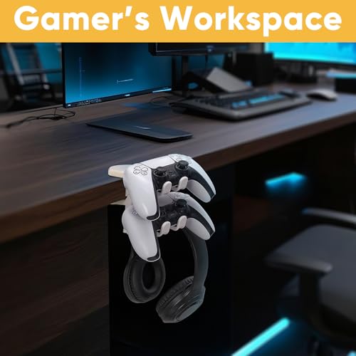 3-in-1 Under Desk Headphone Hanger with Adjustable Clamp Mount, 2 Controller Slots & 1 Headset Universal Holder Stand, Rotatable Hook Rack & Cable Organizer, for Home Gaming Xbox ps5 - White - size: White - 1 Headphone & 2 Controllers