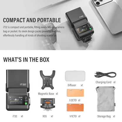 Godox IT32 TTL Mini Flash with X5S Trigger for Sony Camera | 2-in-1 Magnetic Hot Shoe & Flash Trigger Kit, 2.4G HSS GN18 Speedlight, Colorful Touch Screen, LED Modeling Lamp & Diffuser