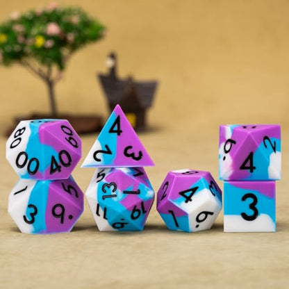 Silicone DND Dice,Polyhedral D&D Dice Set,Rubber Sharp Edges Soft Perfect Bouncer for Dungeons and Dragons, RPG, MTG (D4, D6, D8, D10, D12, D20, D%) for Ages 15 and Up - color: Blue Purple White