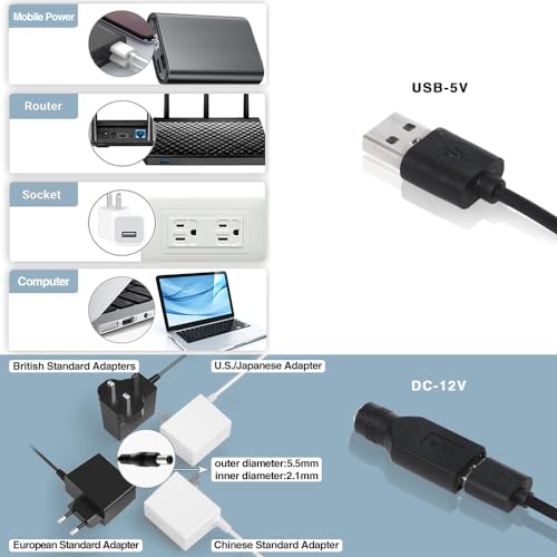Dual 80mm Cooling Fan 10-Speed IPX5 USB 5V/DC 12V for Router Xbox | Dual 80mm fan, 10-speed controller, USB 5V/DC 12V dual voltage. IPX5 waterproof, 15dB quiet, double ball bearing 60,000hrs.