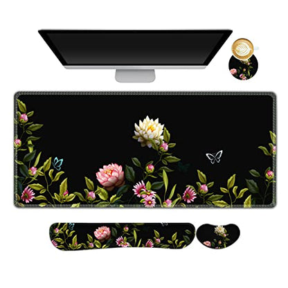 ARTSO Gaming Mouse Pad Wrist Support Set, XXL Large Desk Mat Mousepad + Keyboard Wrist Support+ Mouse Wrist Rest+Coaster 4in1 Ergonomic, Stitched Edge for Home Office -Flowers and Butterflies - color: Flowers and Butterflies
