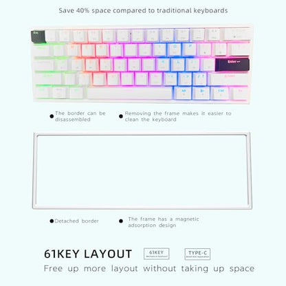 ONE-UP Portable 60% Mechanical Gaming Keyboard LED Backlit Compact 61 Keys Mini Wired Office Keyboard with Blue Switch PBT Keycaps for Windows Laptop PC Mac.（White/Black） - color: White