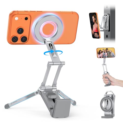 OMOTON 360°Rotating Adjustable Aluminum for MagSafe Tripod Mount, Silver | Magnetic Phone Tripod for iPhone 17/16/15 Pro Max Air, Foldable Cell Phone Stand Fits Vlog, Gym Travel Essentials Accessories - color: 5-Silver