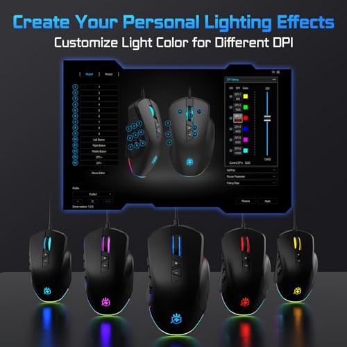 Wired Gaming Mouse with Side Plates, MMO Mouse with 14 Programmable Buttons, Ergonomic Gaming Mouse with 2 Grip Plates, Computer Mouse with Max 12,400 DPI, RGB Lighting, Grip Tape Included