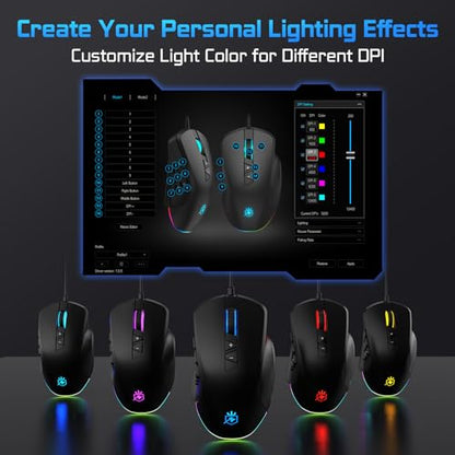Wired Gaming Mouse with Side Plates, MMO Mouse with 14 Programmable Buttons, Ergonomic Gaming Mouse with 2 Grip Plates, Computer Mouse with Max 12,400 DPI, RGB Lighting, Grip Tape Included