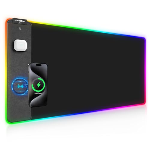 Wireless Charging RGB Gaming Mouse Pad, Mouse Mat with 15W Fast Charging, LED Large Gaming Mousepad with 15 Lights Modes, Ultra-Smooth Surface, Waterproof Non-Slip Desk Pad for Laptop, MacBook, PC