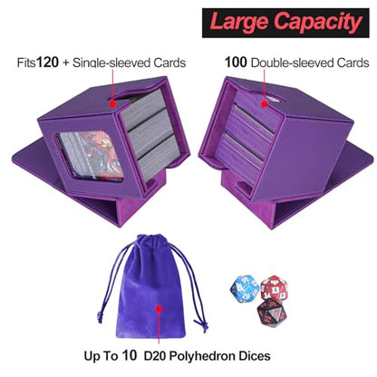 AFIING MTG Deck Box for Commander Display,Card Deck case Fits 100 Double Sleeved Cards, Magic Commander TCG Card Storage Box with 2 Dividers,Dice Bag and 1 Toploader(Purple) - color: Commander Purple