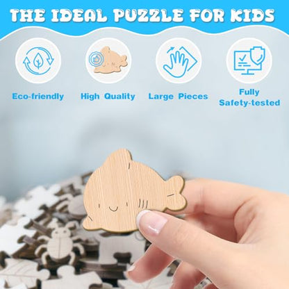 Ocean Wooden Puzzles for Kids - Blue Dolphin (11.4 * 11.4 in) | 50 Piece Puzzles for Kids Ages 6-8, Kids Puzzles with Unique Animal Shapes, Round Gift for Girls and Boys - color: Blue Dolphin