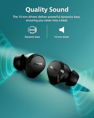 Philips TAT1219 True Wireless Bluetooth Earbuds - 18 Hours Play Time, Dynamic Bass, Clear Calls, IPX4 Water Resistant, Black - size: With tips, style: T1219|Dynamic bass