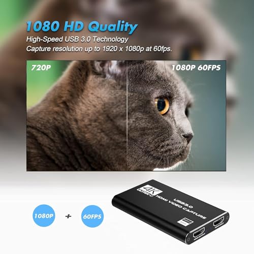 Capture Card, HDMI USB3.0 Capture Card Nintendo Switch, Video Capture Card 4K 1080P 60FPS, Game Capture Card for Live Streaming, Video Conference, Recording, Works with PS4/PS5/PC/OBS/DSLR
